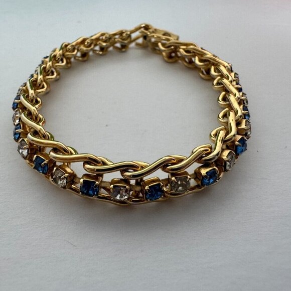 Blue White Rhinestones Tennis Bracelet Gold-Tone Fashion Jewelry - Picture 4 of 10